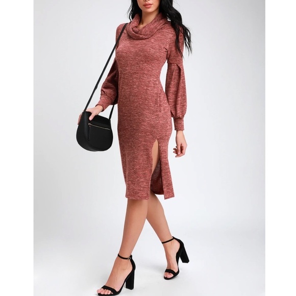 Lulus Mattea Heathered Red Cowl Neck Midi Sweater Dress - Picture 1 of 14
